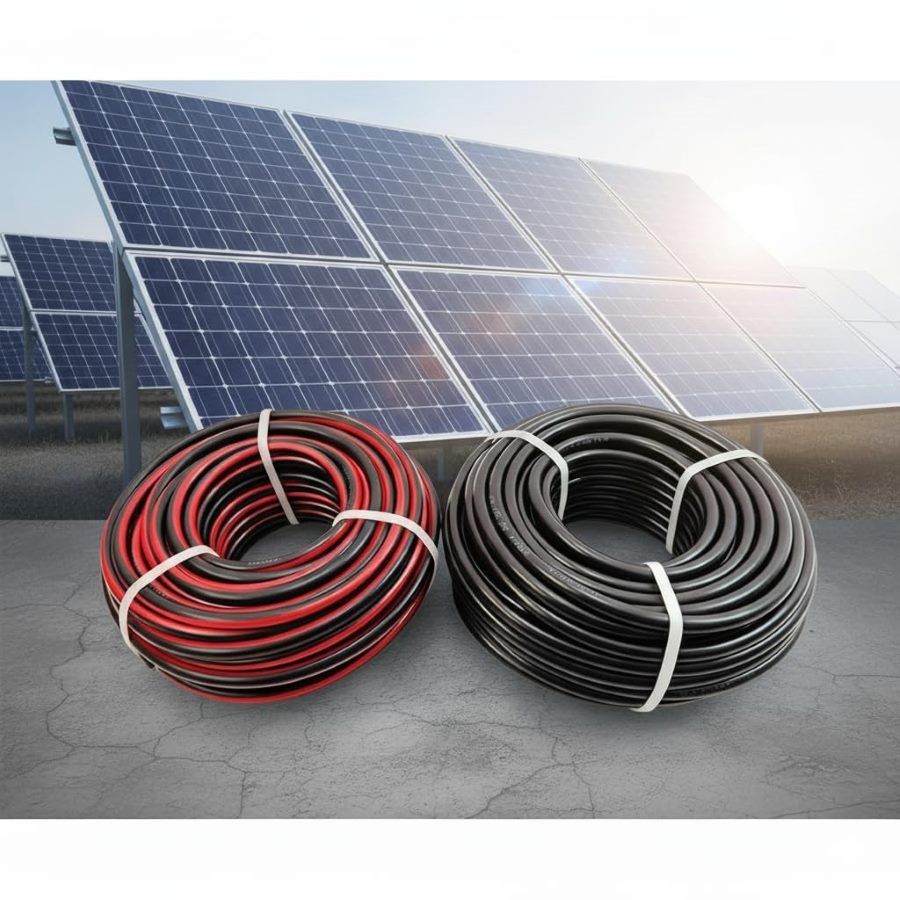 Solar panel installation with red and black DC cable